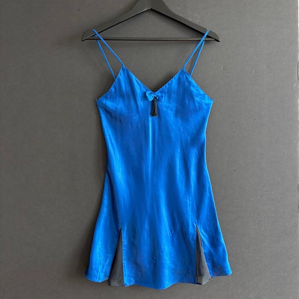 90s Victoria’s Secret Gold Label Electric Blue Satin Tassle Slip Dress - Size S